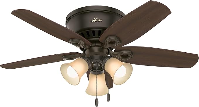 Hunter 42 inch Indoor Ceiling Fan with LED Lights - Bronze Ceiling Fan with Pull Chain, For Bedroom, Living Room, or Kitchen, Low Profile Flush Mount, No Remote, 5 Blades - Builder 51091, New Bronze | Low Profile Flush Mount, Pull Chain, 5 Blades, For ...