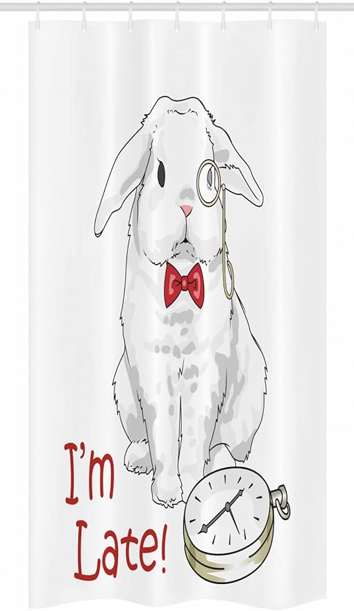 Ambesonne Alice in Wonderland Stall Shower Curtain, Funny Rabbit Watches in Cartoon Style Design Character Fantasy, Fabric Bathroom Decor Set with Hooks, 36" W x 72" L, White Red