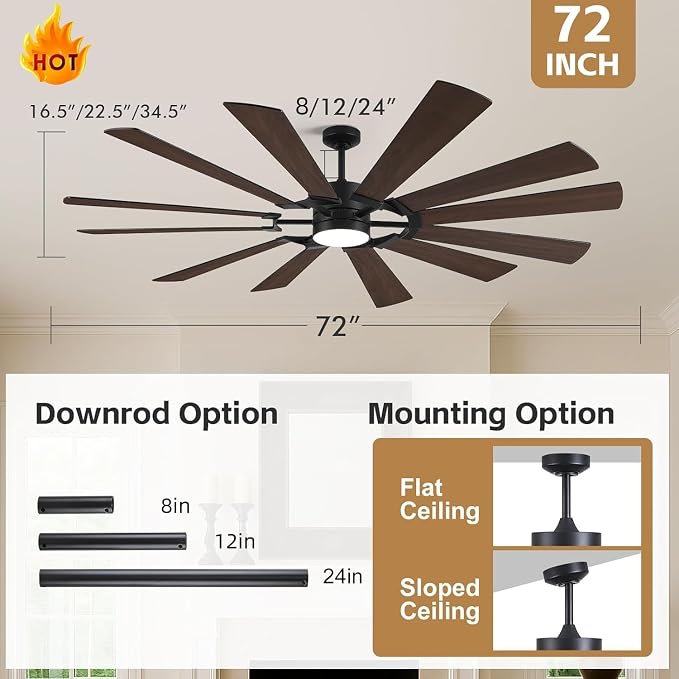 72'' Farmhouse Ceiling Fan with Light,12 Dual-Finish Wind Mill Blades, 3 Downrods, 6-Speed Reversible DC Motor, High CFM, 3CCT, Indoor Outdoor Industrial Fan for Patio Commercial Shop Garage