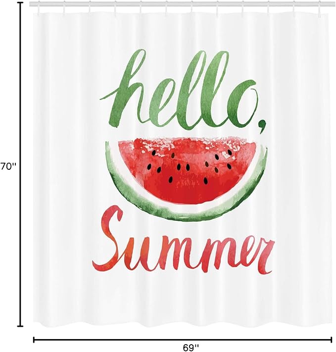 Ambesonne Hello Summer Shower Curtain, Watermelon Calligraphy Fruit Food Summer Painting Effect Modern, Cloth Fabric Bathroom Decor Set with Hooks, 69" W x 70" L, Jade Green and Dark Coral
