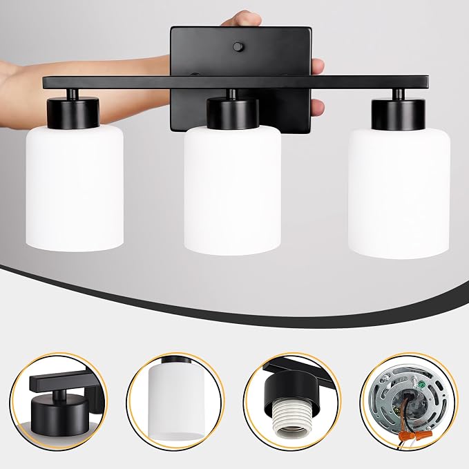 FonmYim Black Bathroom Light Fixtures, 3-Light Modern Vanity Light Over Mirror, Wall Sconces with Milky White Frosted Glass Shades, E26 Socket (Bulbs Not Included)