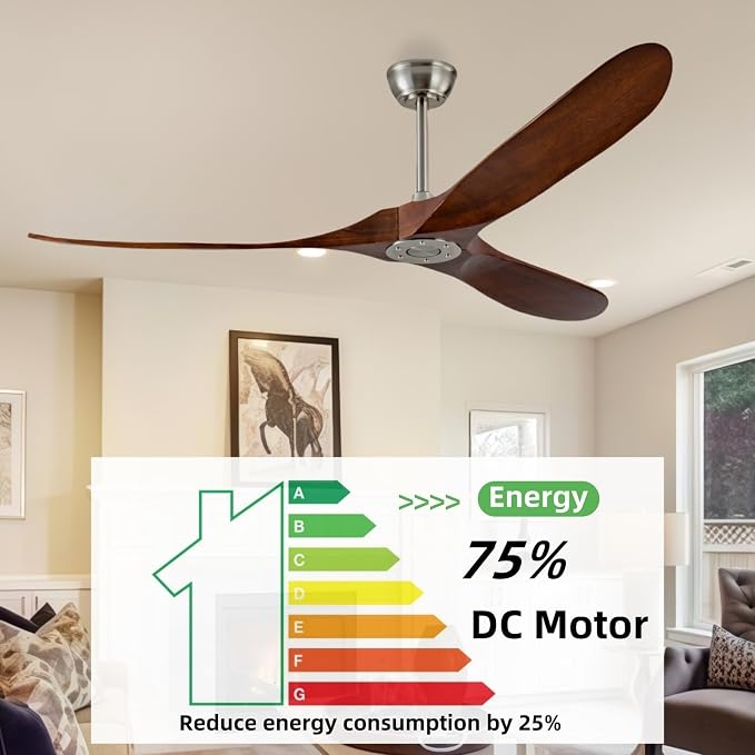72 Inch Ceiling Fan No Light, Outdoor Patio Wooden Ceiling Fan Without Light,with Remote Control,Quiet Reversible Motor,Suitable for Living Room, Patio, Outdoor, Farmhouse(Brushed Nickel+Dark Walnut)