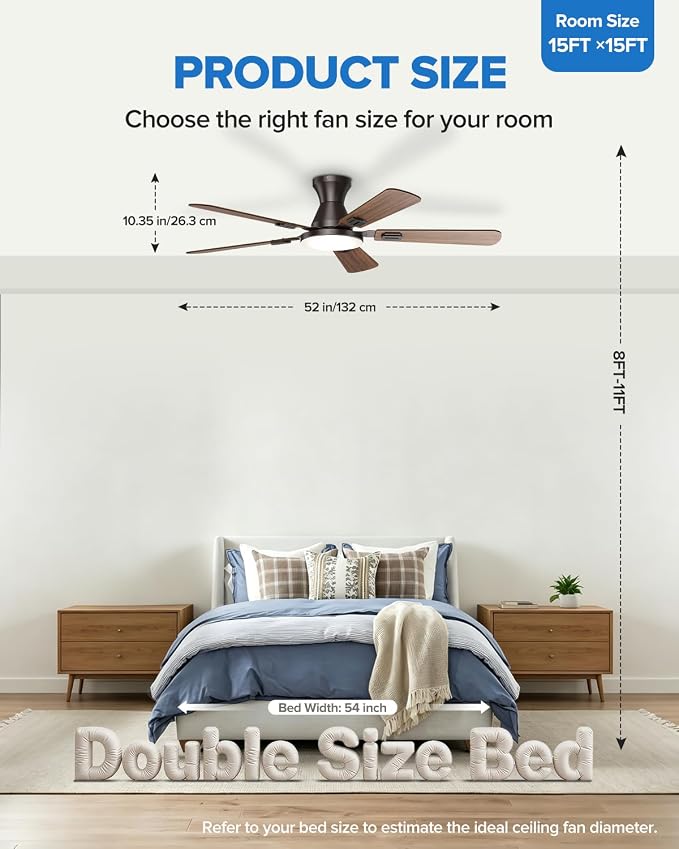 UME 52" Ceiling Fan with Lights & Remote, 6 Blades Low Profile Ceiling Fan, Quiet DC Motor, Natural Wind, 6 Speeds, 3CCT Dimmable 20W LED Modern Ceiling Fan for Bedroom, Living Room, Brown