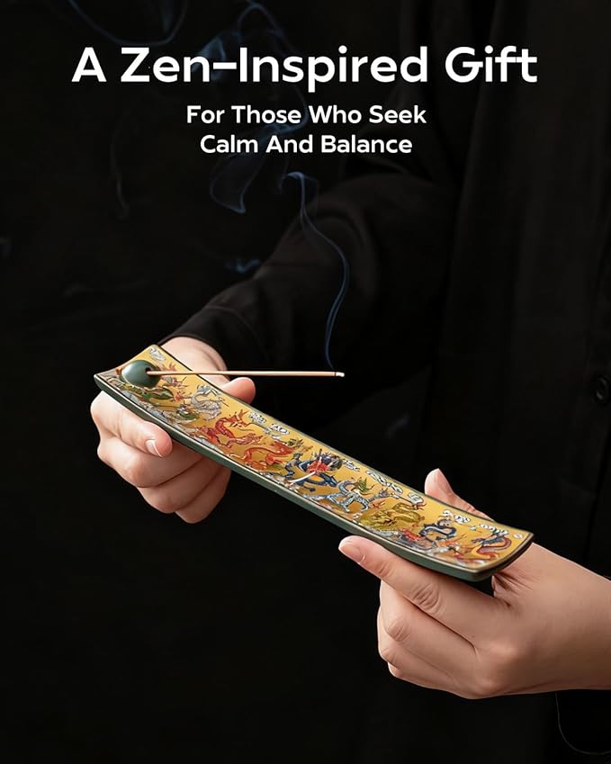 Chinese Incense Stick Holder with Ash Catcher - Ceramic Incense Burner with Ancient Painting, for Zen Meditation, Home Decor & Gift