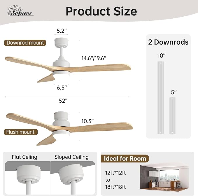Sofucor 52" Smart Wood Ceiling Fans Lights, Flush Mount & Downrod Mount, 3 Wood Blades Modern Outdoor Ceiling Fans with Alexa/Google Assistant/APP/Remote Control for Bedroom, Farmhouse, Patio, Indoor