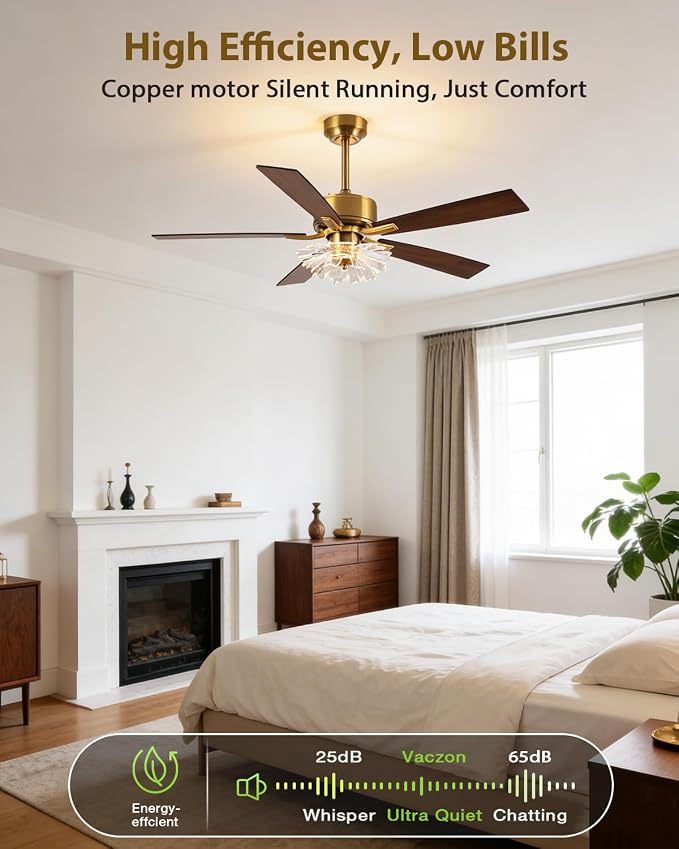 52 Inch Gold Ceiling Fans with Lights and Remote, Modern PS Petal Crystal Black and Gold Ceiling Fan for Bedroom Living Room Apartment, 3CCT Dimmable Indoor Girls Chandelier, 6 Speeds DC Motor