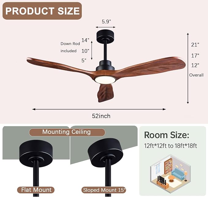 52 In Wood Ceiling Fan with Light,Noiseless Reversible DC Motor with Remote | tung walnut wood blades, ultra quiet dc motor, remote control, dimmable 3cct led, indoor outdoor for patio office farmhouse