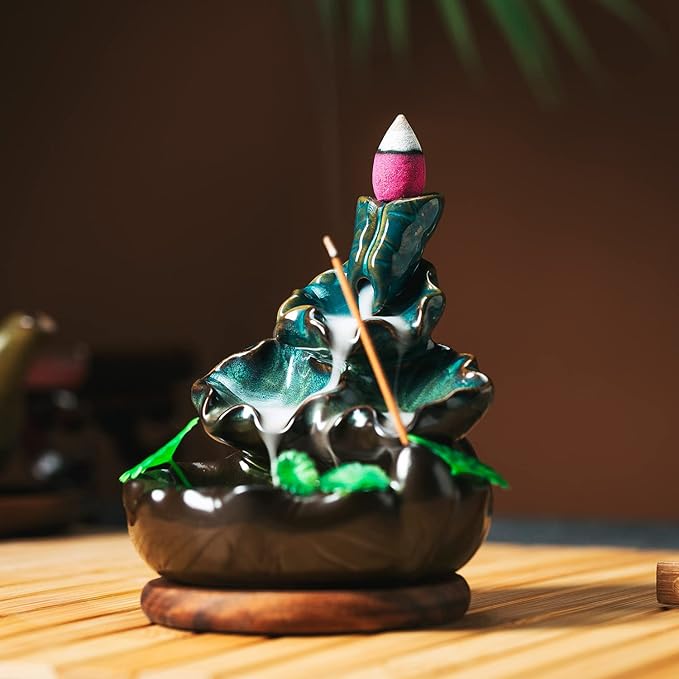 Cute Ceramic Backflow Incense Holder Waterfall Incense Burner with 48 Incense Cones and 30 Incense Stick, Incense Fountain for Home Decor, Desk Decor(Cyan)