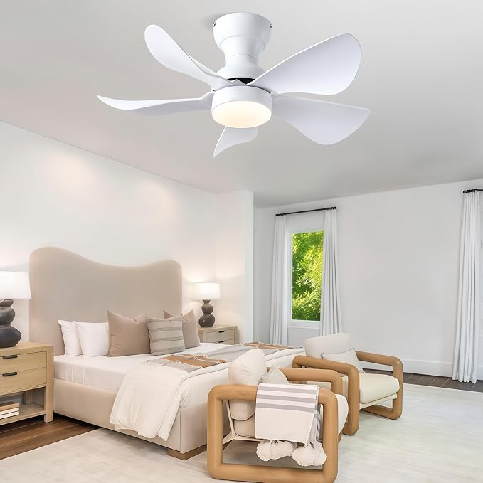 PHORUS 30" White Modern Low Profile Flush Mount Ceiling Fans with Lights | Super Large Airflow with 6 Wind Speeds, Reversible, Dimmable 3 CCT LED, 30W Noiseless DC Motor,Timer, for Bedroom Kitchen