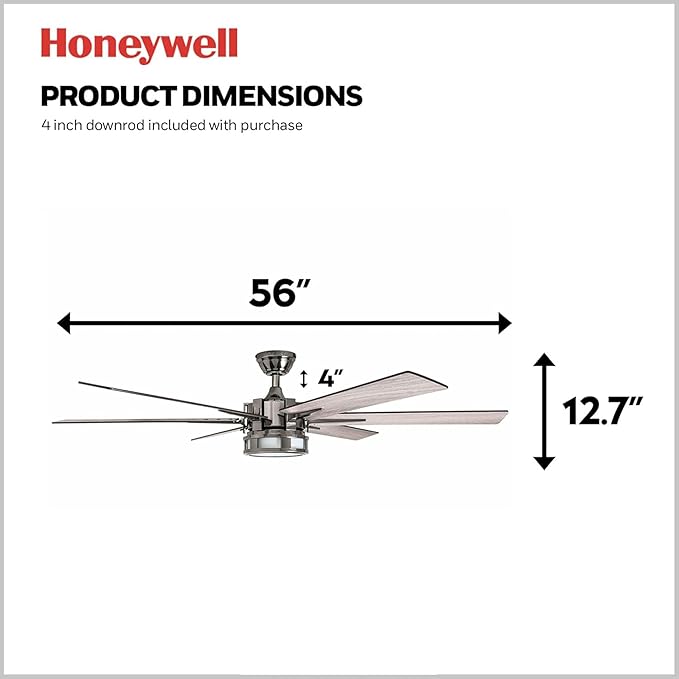 Honeywell Ceiling Fans Kaliza Modern 56 Inch Ceiling Fan with Light, Remote Control Fan, LED Indoor Fan with 6 Blades, Black Pine and Pewter Blade Finish Options, Matte Nickel (51626-01)