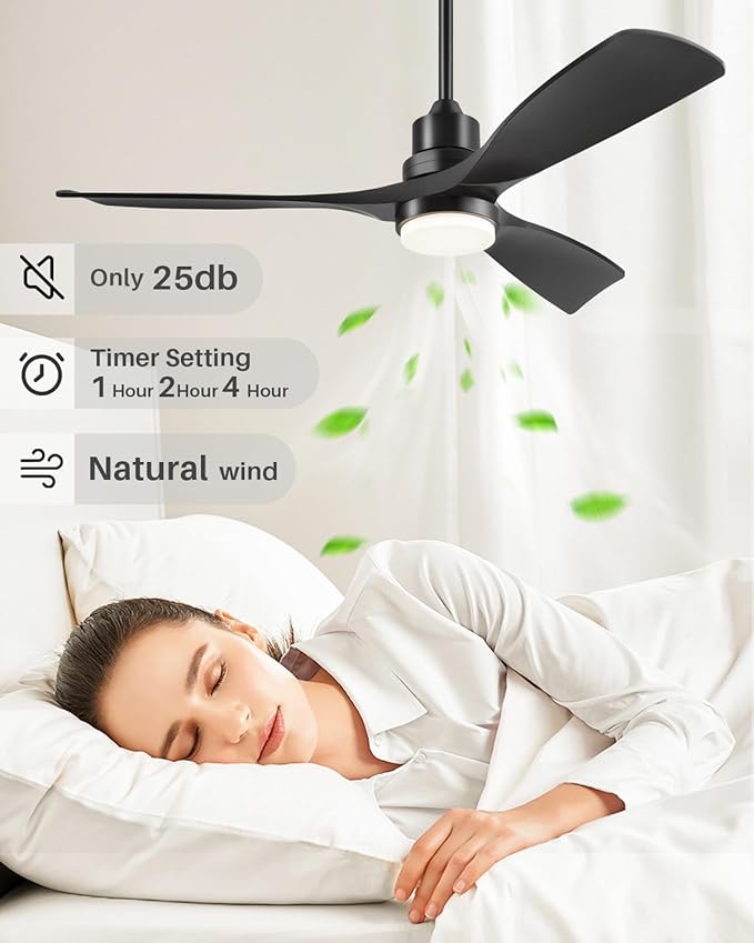 Ceiling Fan with Lights Remote Control, 52 Inch Black Ceiling Fans with 3 Downrods, 3 Blades, Timer, 6 Speed Modern Fan Quiet Reversible DC Motor for Patio Bedroom Outdoor/Indoor,52in,Black