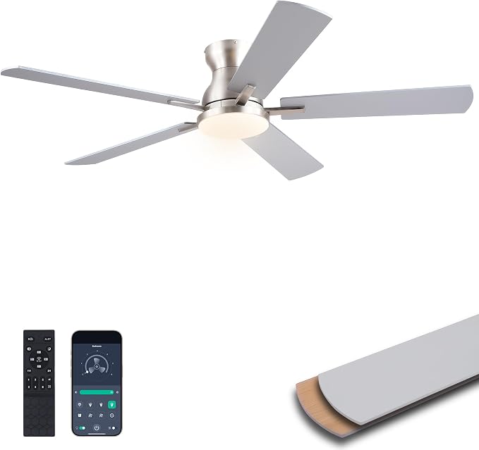 Ayaoty Ceiling Fans with Lights,52 Inch Low Profile Ceiling Fan with Light and Remote/APP Control-Flush Mount Dimmable, Quiet DC Motor for Outdoor Patio,Garage,Bedroom Nickel