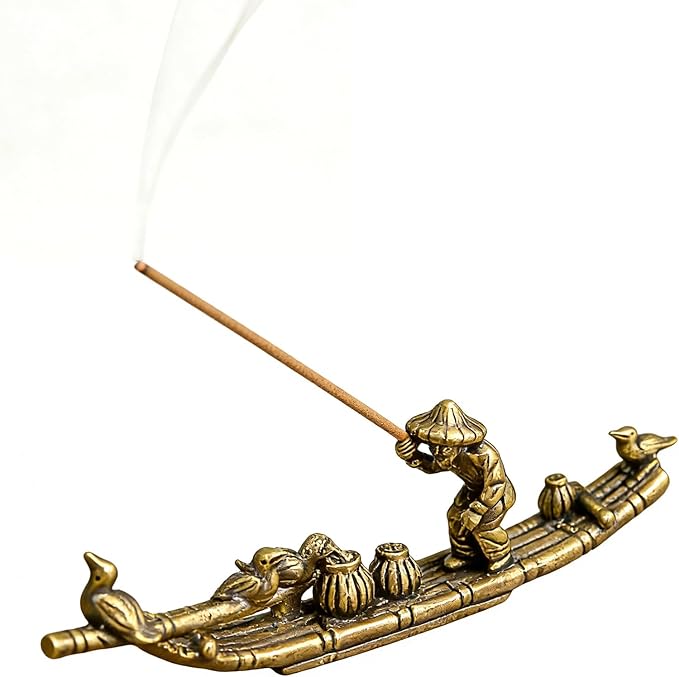 Vintage Solid Brass Bamboo Raft Fisherman Figurines, Incense Holder Zen Decor for Tea Table, Home Office Collectible Sculpture for Zen Enthusiasts Tea Lovers