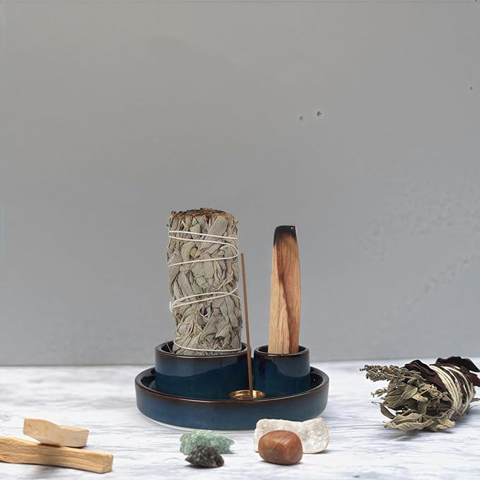 4 in 1 Incense Holder, Ceramic Incense Stick and Palo Santo Holder,Sage Holder for Burning- 4.25" Ceramic Ash Catcher Tray for Meditation and Yoga Room (Blue)