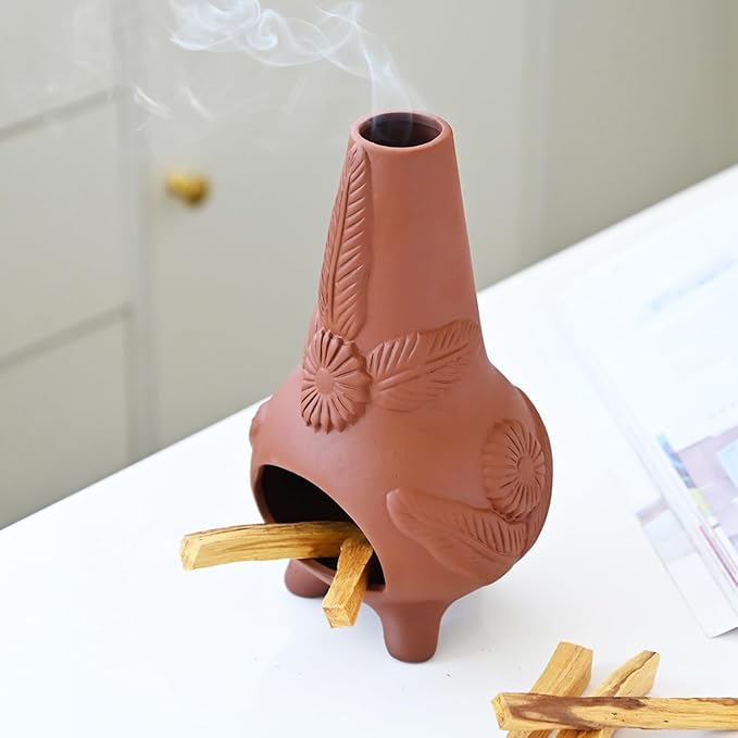 Palo Santo Holder, Ceramic Incense Burner for Wood Sticks, Sage, Cones,Mini Chimenea Palo Santo Burner with Ash Brush for Meditation Yoga Spa Room Decor