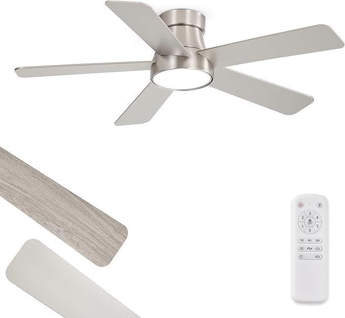 Fanbulous 42 Inch Ceiling Fans with Lights and Remote,Indoor Modern Flush Mount Ceiling Fan with 3CCT 6-Speed Quiet DC Motor,Black Small Low Profile Ceiling Fan for Bedroom Living Room Office(Nickel)