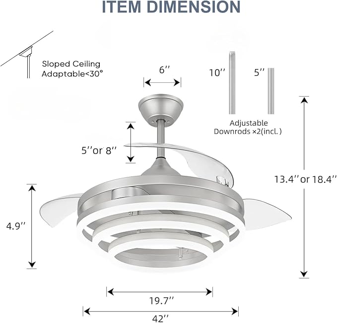 TXCSLY 42 Inch Retractable Ceiling Fan, Chandelier Ceiling Fan with Light DC Motor, 3 Color Tempearture, 6 Wind Speed for Bedroom, Living Room and Dining Room, Silver