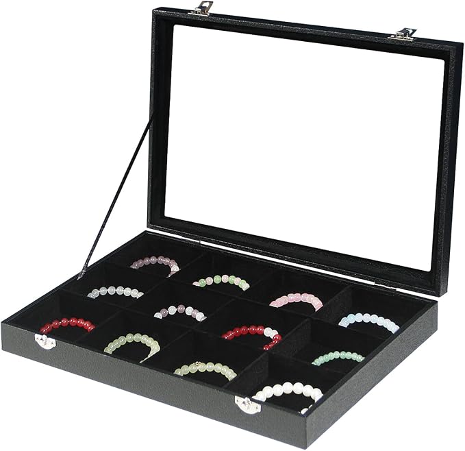Coward Jewelry Organizer Box, Black Velvet 12 Grids Bracelet Bangle Necklace Jewelry Display Tray Case with Transparent Glass Lid for Home Drawer Desk or Store Selling Show