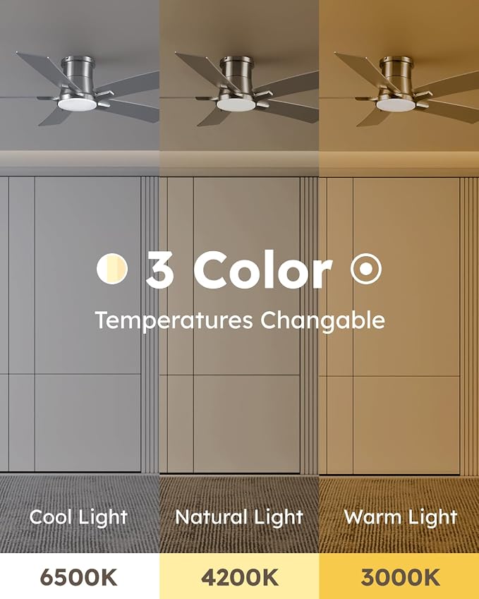 52 Inch Black Flush Mount Ceiling Fans with Lights and Remote | 3CCT Dimmable LED, 6 Speed, Quiet DC Motor, 3-Level Timer Function, Forward/Reserve For all Seasons, Indoor/Covered Outdoor