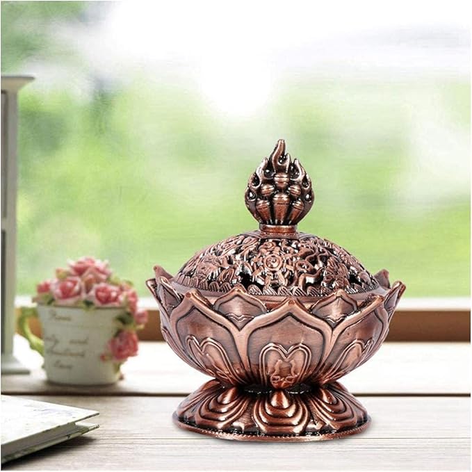 Incense Burner, Bronze Antique Chinese Asian Style Lotus Flower Incense Burner Pot Backflow Smoke Incense Burner Stick Cone Holder Zen Buddha Buddhist Meditation Decor Gift Set(Red Bronze)