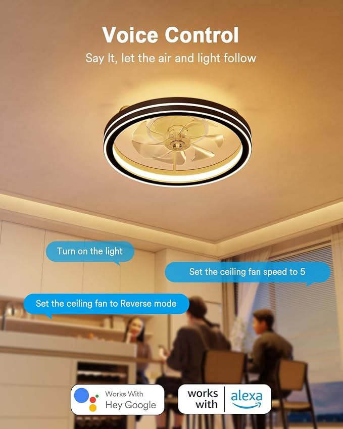 Lumary Smart Ceiling Fan Light with 2200K Nightlight, WiFi & Bluetooth Low Profile Ceiling Fan with Light Remote for Bedroom, RGBAI & 42 Scenes Mode, Flush Mount Easy to Install, 5000 LM, 19in Black