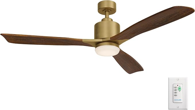 Kichler Ridley II 52" Ceiling Fan and Light Kit in Natural Brass, 3-Blade LED Ceiling Fan in Cherry Finish, 3000K, (52" W x 14.5" H), 300027NBR