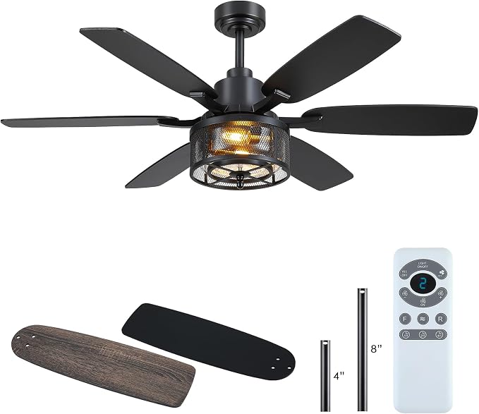 Hounberi 52" Farmhouse Ceiling Fans with Lights and Remote, Black Industrial Caged Ceiling with Seeded Glass, 6-Speed Reversible Quiet DC Motor, Black Ceiling Fan with Light for Living Room Kitchen