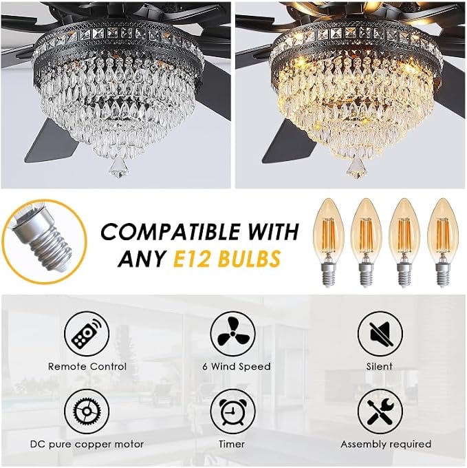 72 Inch Black Large Crystal Chandelier Ceiling Fans with Lights and Remote | Supports Remote and APP,6 Reversible Wind Speeds,60W Quiet AC Motor,8 Wooden Blades,4*E12 LED Bulbs Included,for Living Room