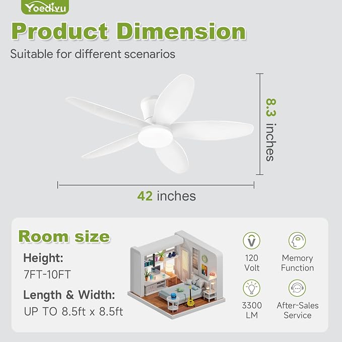 White Ceiling Fan with Light, 42 Inch Low Profile Flush Mount Ceiling Fan 6-Speed Wind, Quiet Reversible DC Motor, 3 Color Dimmable Lighting, Small Ceiling Fans for Living Room/Kitchen/Bedroom