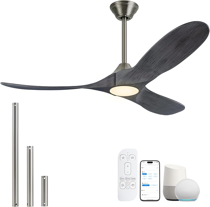 60 Inch Gray Wood Ceiling Fans with Lights, Smart Control-Remote/Alexa/Tuya App, Outdoor Ceiling Fan for Patio with Reversible DC Motor, Modern Farmhouse Ceiling Fan for Office Exterior Porch
