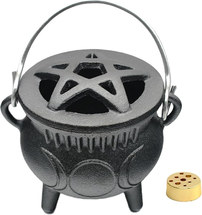 Cast Iron Cauldron with Lid & Handle, Small Triple Moon Cast Iron Cauldron Pot, Incense Burner Witchcraft Ideal for Cooking, Smudging, Ritual Purpose, Sage, Halloween Decoration