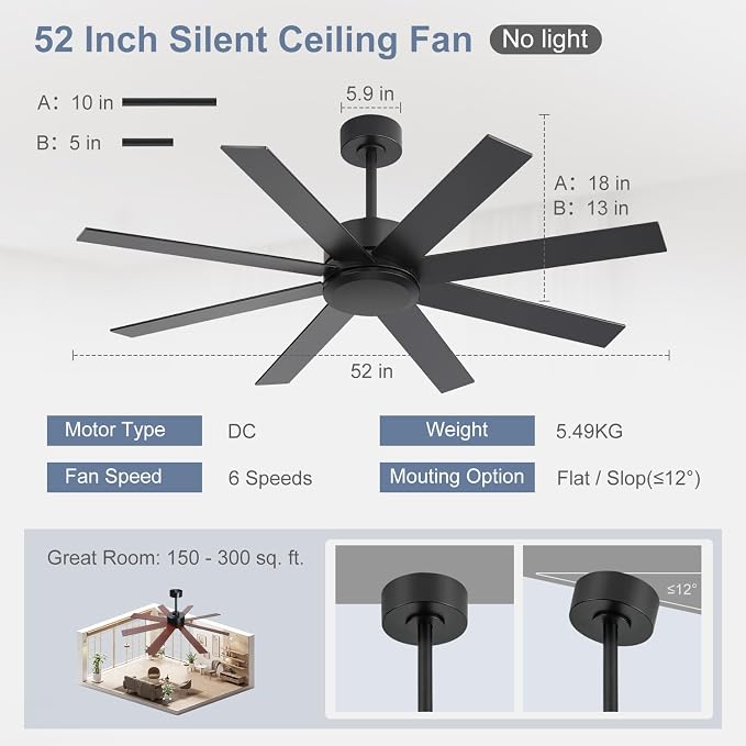 52 Inch Ceiling Fan No Light, Modern Ceiling Fan with Remote Control, Quite DC Motor 8 Reversible Blades Indoor Outdoor Industrial Ceiling Fan without Light For Living Room Bedroom Patio Garage