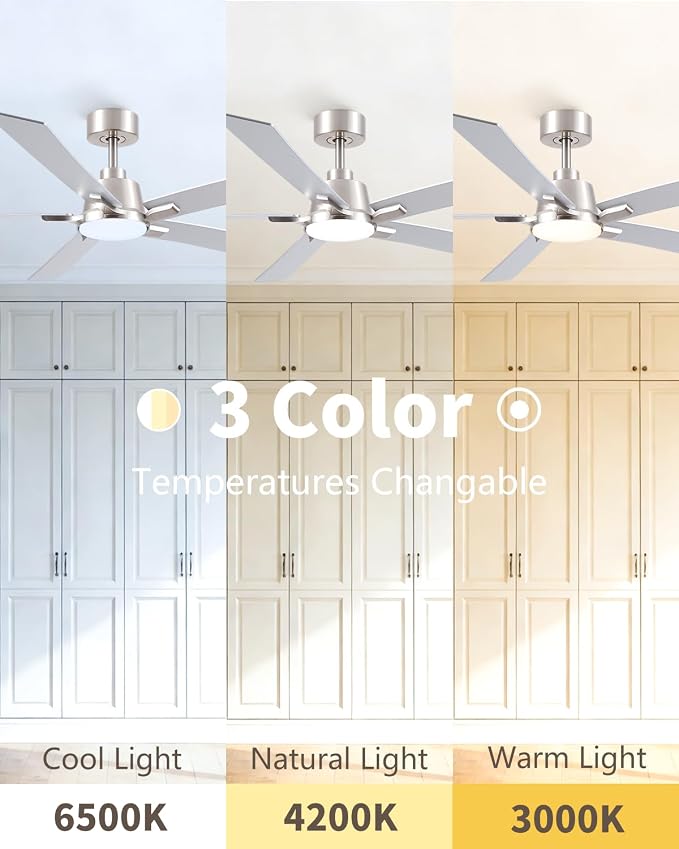 60 Inch Brushed Nickel Downrod Ceiling Fans with Lights and Remote | 3CCT Dimmable LED, 6 Speed, Quiet DC Motor, 3-Level Timer Function, Forward/Reserve For all Seasons, Indoor/Covered Outdoor