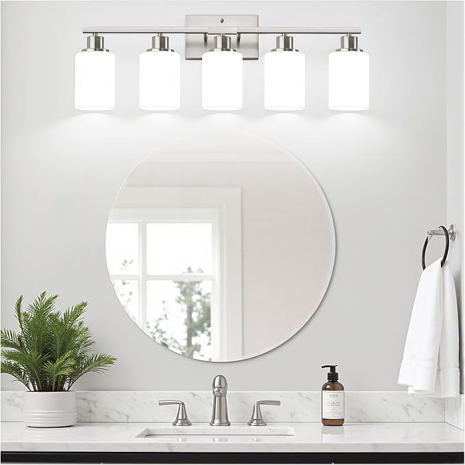 Indoi 5-Light Bathroom Light Fixtures, Brushed Nickel Modern Vanity Lights with Milky White Shades, Bathroom Wall Lamp for Mirror Living Room Cabinet Bedroom Porch