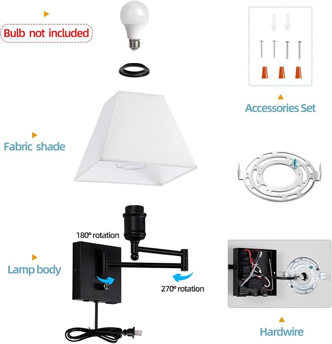 Swinging arm wall lamp, Fabric lampshade, with Plug and dimming Rotary Switch, USB and Type-C Charging Port, Suitable for Bedside, Living Room, Hotel and Bedroom wall Lamps