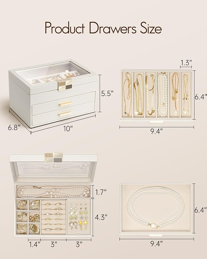 VLANDO Jewelry Box Organizer for Women, 3-Layer Jewelry Storage Case with Glass Lid, Gold Handle, 2 Drawers for Rings, Earrings, Necklaces and Bracelets - Cloud White