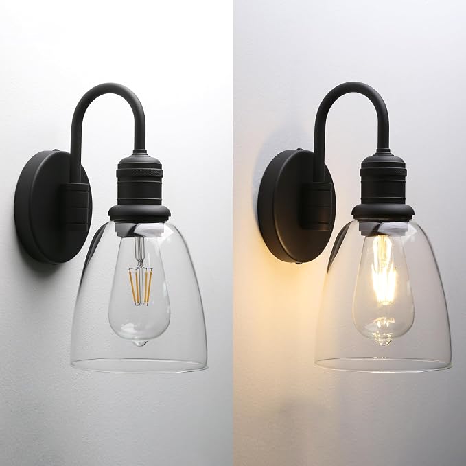 Yosoan 1-Light Vintage Wall Sconce, Black Industrial Fixture Light with Elegant Gooseneck Curved Rod, Indoor Clear Glass Shade Wall Lamp Lighting for Bathroom Porch Kitchen Living Room Restaurant