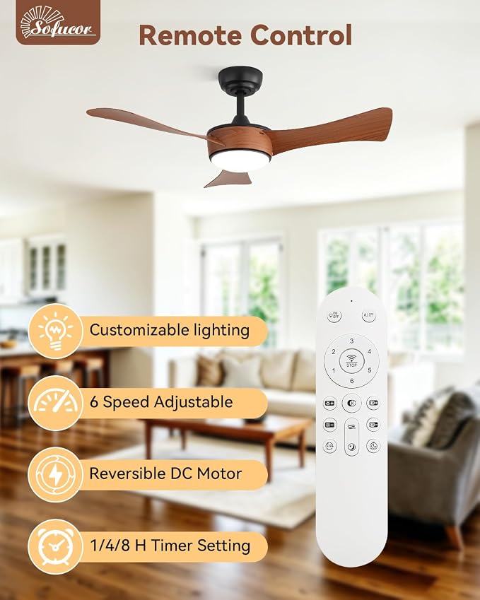 Sofucor 42 Inch Ceiling Fans with Lights-Modern Brown Small Bedroom Ceiling Fan with Remote Control, Plug-in Blades Quick Install, Quiet DC Motor,Outdoor ABS Ceiling Fan for Kitchen/Living Room/Patios