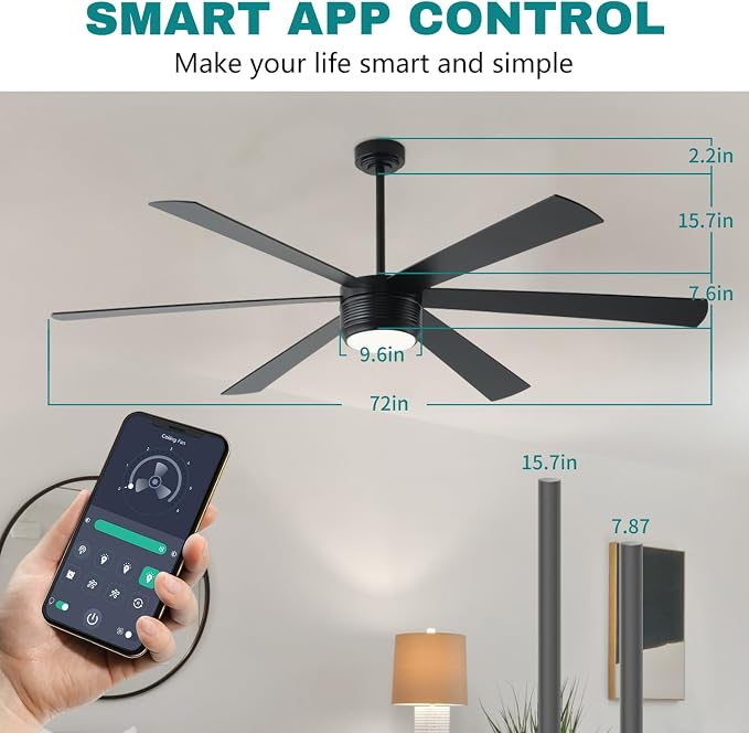 SHOWDI Black Ceiling Fans with Lights and Remote, Quick Installation, 72 in | 2 Blade Color, Metal Material, App Remote Control, Timer, Reversible, 3CCT, Dimmable for Bedroom, Living room, Indoor