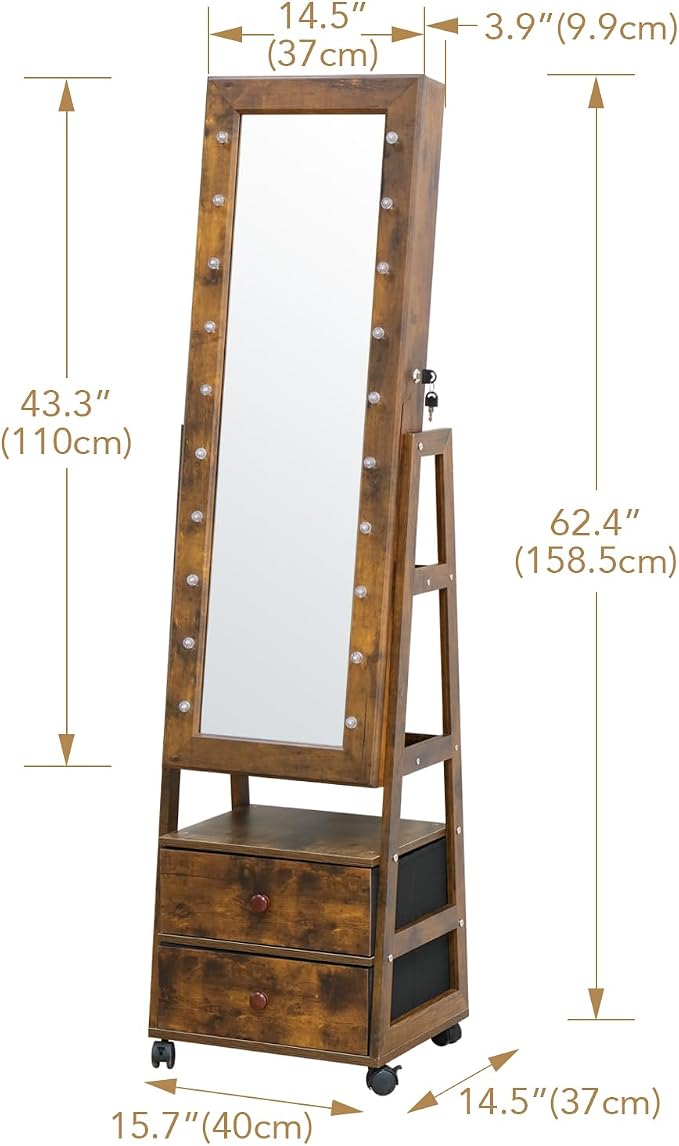 Jewelry Armoire Cabinet Organizer Standing with 20 LED Lights Lockable Full Length Mirror with Storage Shelves and 2 Drawers (Rustic Brown) Adjustable Tilt Angles Gift for Her