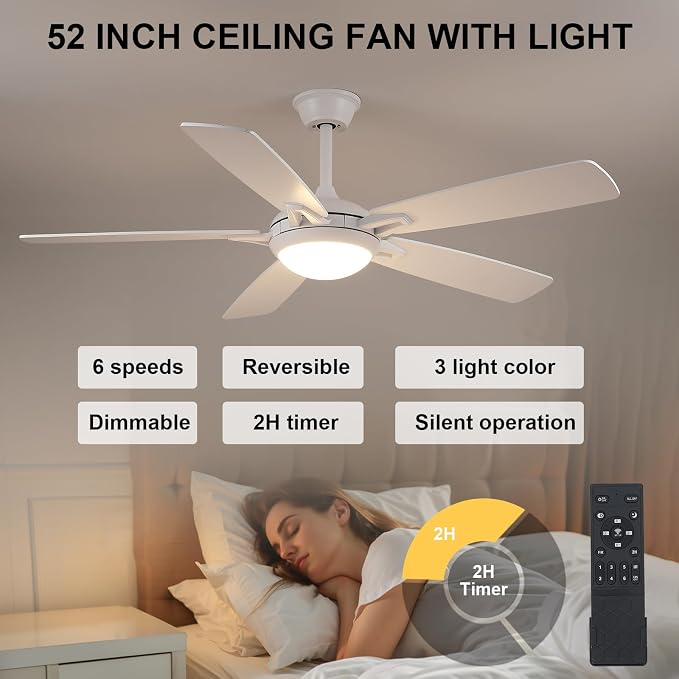 Kviflon 52 Inch Ceiling Fans with Lights and Remote, Modern Indoor Outdoor Ceiling Fan for Bedroom Living Room Patio Porch, 6 Speeds, Reversible Quiet Motor, Dual Finish Wooden Blades, White