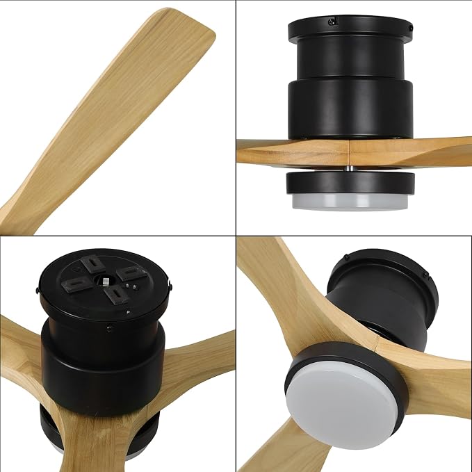 52inch Natural Wood Flush Mount Ceiling Fan with Light and Remote Control
