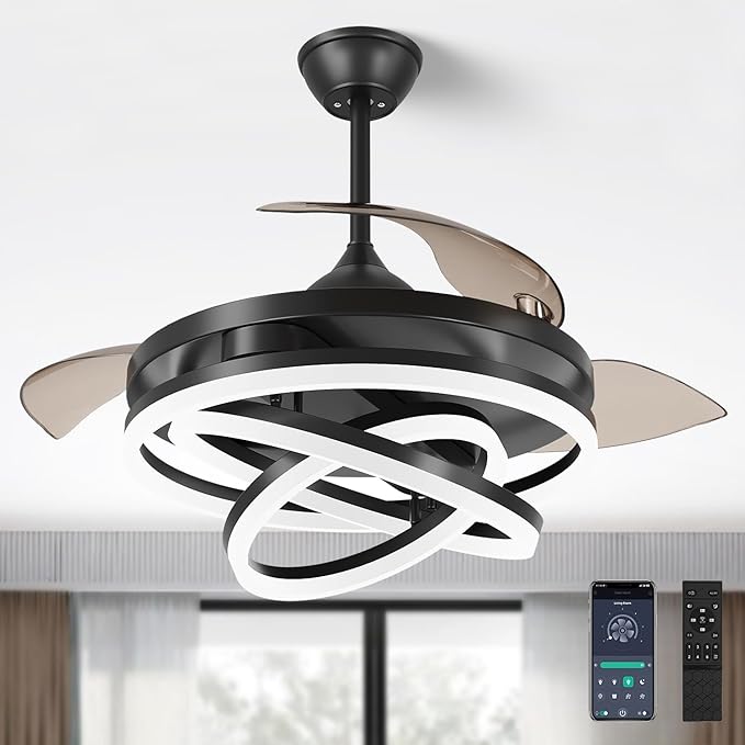 FIDGRA 42 Inch Retractable Ceiling Fan, Chandelier Ceiling Fans with Lights, Silent DC Motor, 6 Speeds, 3 Color Changing for Bedroom Living Room (Black)