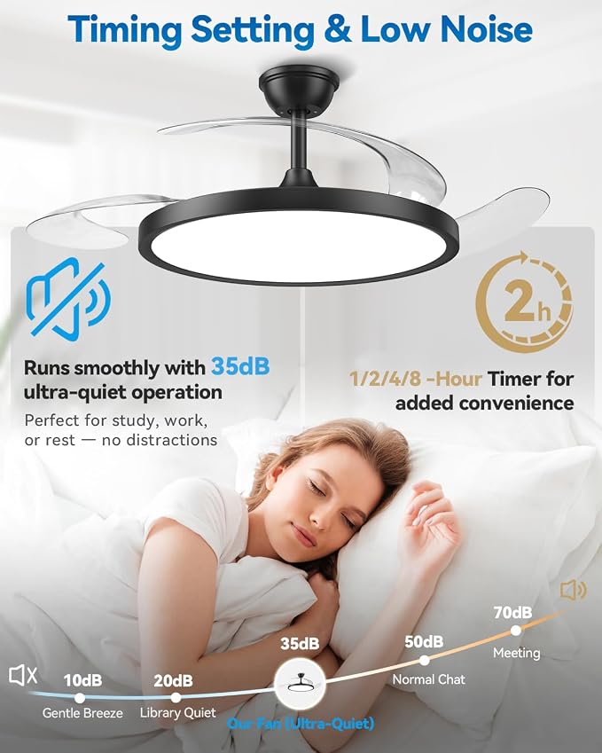 【Slim】48" Retractable Ceiling Fans with Lights, Large Fandelier Ceiling Fan with Light and Remote, Reversible, 3 CCT, Dimmable, Modern Chandelier for Bedroom, Living Room, Dining Room (Black)