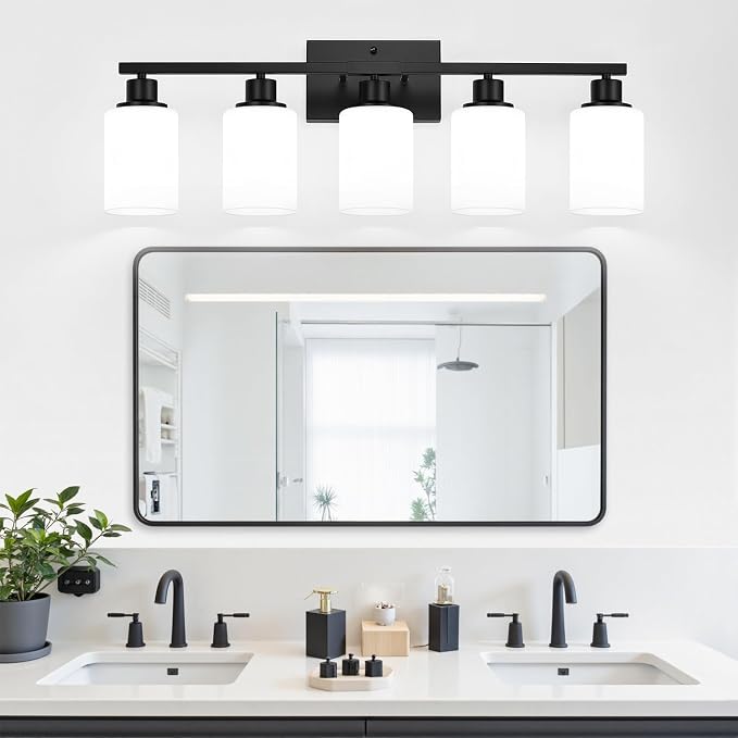 Indoi 5-Light Bathroom Light Fixtures, Matte Black Modern Vanity Lights with Milky White Shades, Bathroom Wall Lamp for Mirror Living Room Cabinet Bedroom Porch