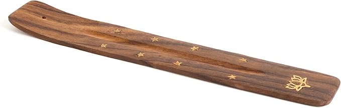 Incense Garden Wooden Incense Holder for Sticks with Inlays of Brass Lotus Flower 10 inches Long