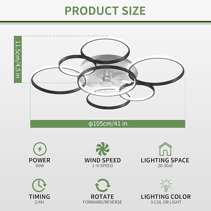 41" Modern Ceiling Fan with Lights, Flush Mount Ceiling Fan with Tri-Color Light 6-Speed Wind, Low Profile Ceiling Fans with Led Light and Remote Control for Living Room Bedroom Dining Room