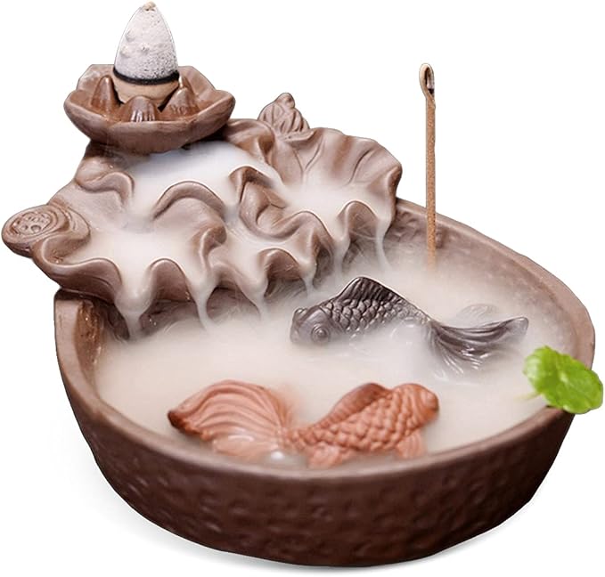 Backflow Fountain Waterfall Ceramic Incense Holders, Backflow Incense Burner Figurine Incense Cone Holders Home Decor Gift Decorations Statue Ornaments (Cyprinus carpio)