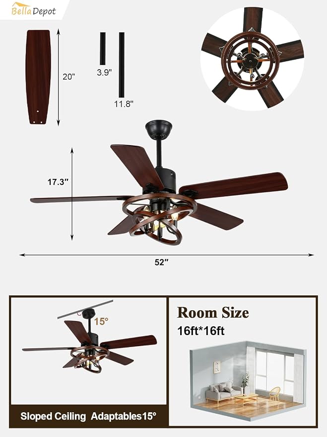 Bella Depot 52 Inch Farmhouse Ceiling Fan Chandelier with LED Light, 6-Speed, Reversible, Timer, Remote Control for Large Living Room, Covered Patio
