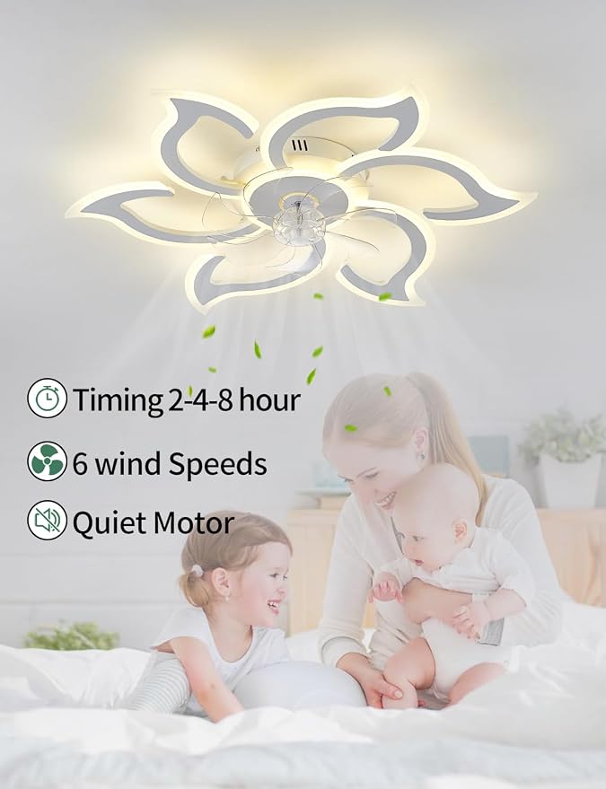 Flower Ceiling Fans with Lights and Remote, 33.5 Inch Modern Low Profile Flush Mount Ceiling Fan, Dimmable LED Ceiling Light Fixture, Small Ceiling Fans for Bedroom, Kitchen, Indoor-White